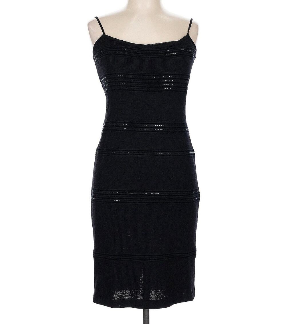 ST. JOHN EVENING Black Santana Knit Paillettes Cocktail Sleeve Dress Sz 10 EUC